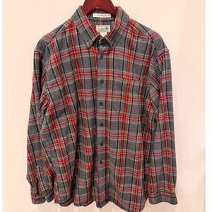 LL Bean Mens Flannel Shirt Large Traditional Fit Grey Red Blue Plaid 228061